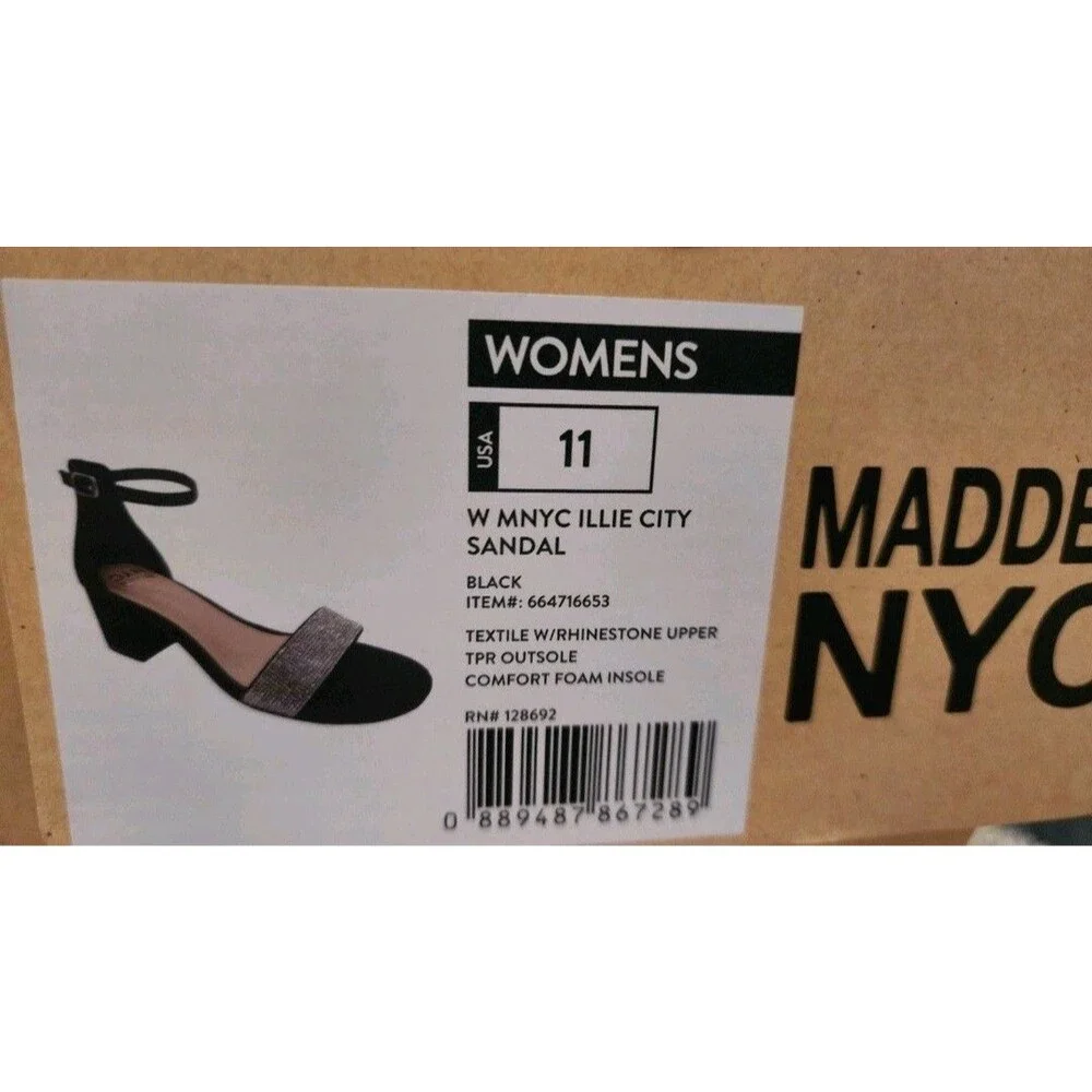 NIB MADDEN NYC WOMENS BLACK SZ 11 RHINESTONE ILLIE CITY BLOCK HEEL STRAPPYSANDAL